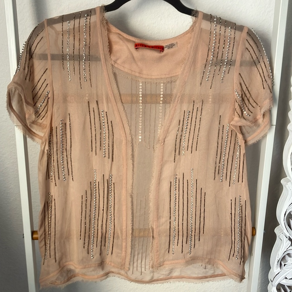 Alice + Olivia nude beaded open front top in sheer fabric s/p